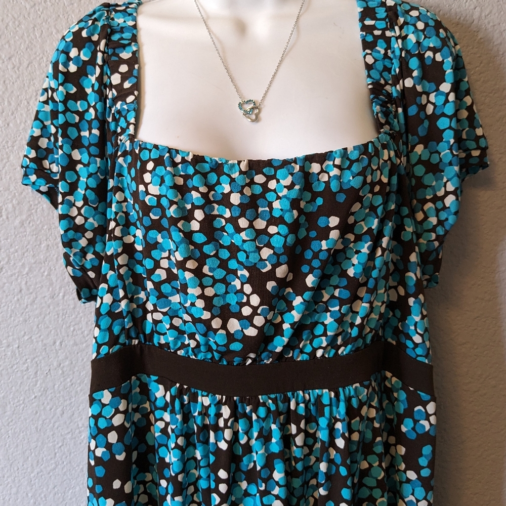 Dress Turquoise Black White Dots Sheath Square Neck Sz. XL - Picture 3 of 11